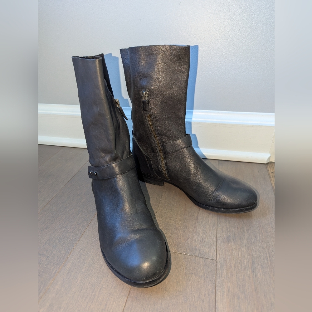 Eileen Fisher women's black leather moto boots, size 7.5